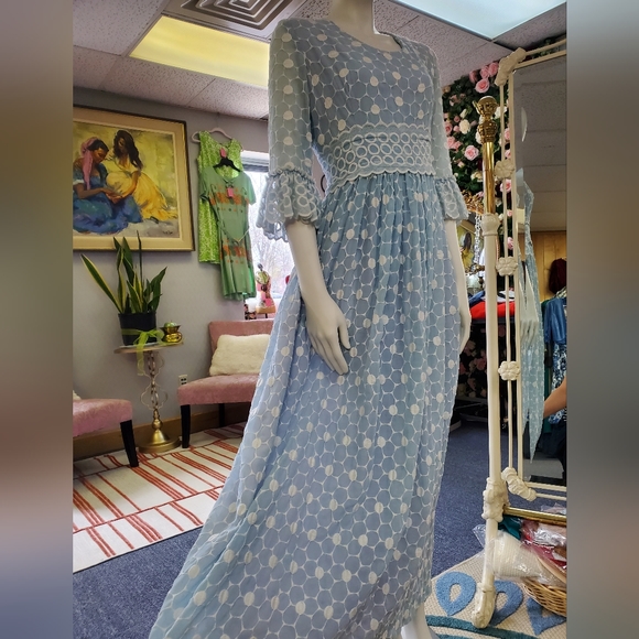 Vintage late 60s, Early 70s Baby Blue Embroidered Eyelet Circle Maxi Dress - Picture 13 of 16